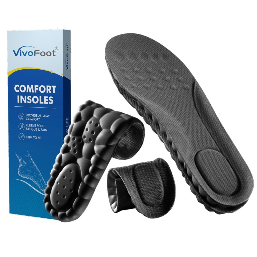 VivoFoot 2 Pair Foam Insoles, 4D Cloud Soles, Anti-Fatigue Pain Relief Work Sports Running Comfort Shoe Inserts, Trim to Fit Replacement Pads for Men Women(Men 7-11,Black)