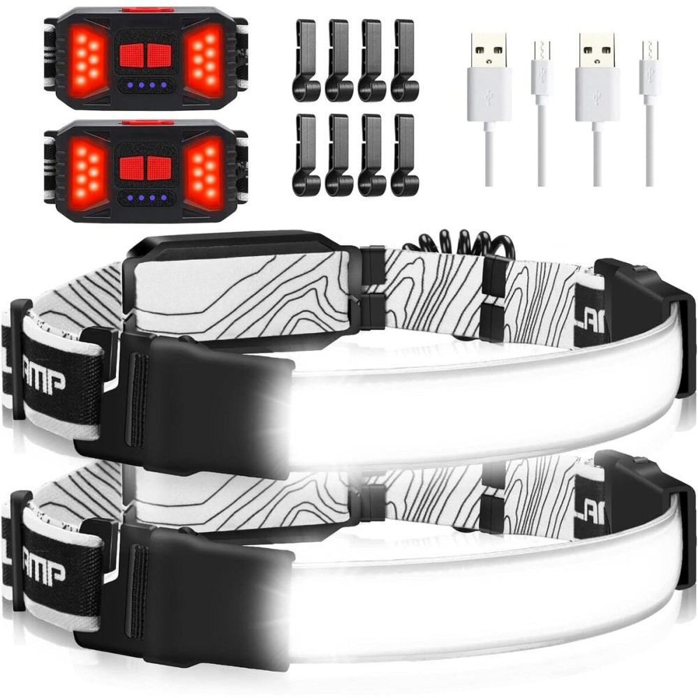 Rechargeable Headlamp, 230Wide-Angle 1000 Lumens Headlamp Flashlight with Red Taillight 3 Light Modes Lightweight LED Head Lamp Adjustable Waterproof Head Light for Running Cycling (Black(2-Pack))