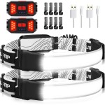 Rechargeable Headlamp, 230Wide-Angle 1000 Lumens Headlamp Flashlight with Red Taillight 3 Light Modes Lightweight LED Head Lamp Adjustable Waterproof Head Light for Running Cycling (Black(2-Pack))