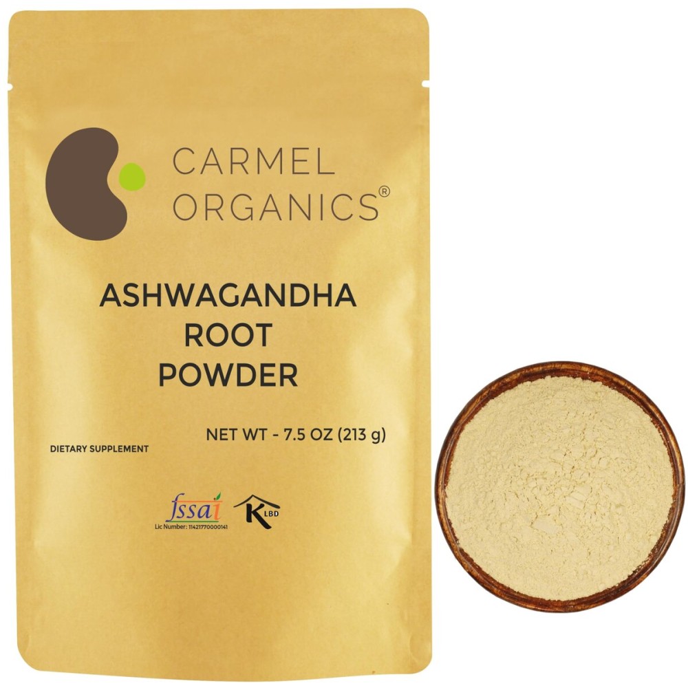 CARMEL ORGANICS Ashwagandha Root Powder 7.5 Ounce, Non GMO & Gluten Free, Natural, Withania Somnifera, No Added Preservatives, Directly Sourced from Indian Farmers