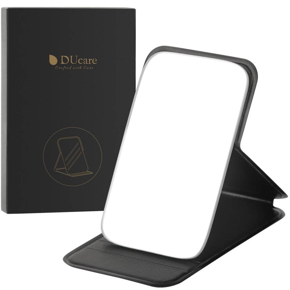 DUcare Mini Folding Mirror Portable Travel PU Portable Adjustable Rectangular Ultrathin Vanity Mirror with Stand, for Travel, Camping,Home