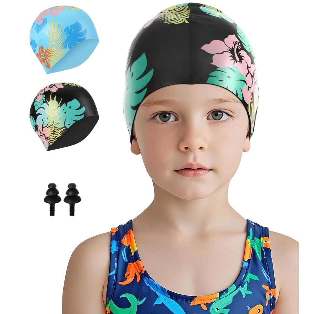 Aegend 2 Pack Kids Swim Cap for Girls Boys Age 8-15, Waterproof Swim Cap Kids Durable Silicone Kids Swimming Cap for Long Hair, Black Hawaii & Blue Hawaii