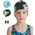 Aegend 2 Pack Kids Swim Cap for Girls Boys Age 8-15, Waterproof Swim Cap Kids Durable Silicone Kids Swimming Cap for Long Hair, Black Hawaii & Blue Hawaii