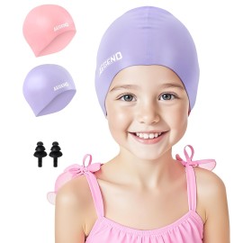 Aegend 2 Pack Kids Swim Cap for Girls Boys Age 3-8, Waterproof Swim Cap Kids Durable Silicone Kids Swimming Cap for Long Hair, Light Pink & Light Purple