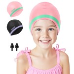 Aegend 2 Pack Kids Swim Cap for Girls Boys Age 8-15, Waterproof Swim Cap Kids Durable Silicone Kids Swimming Cap for Long Hair, Black Purple & Pink Green