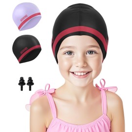 Aegend 2 Pack Kids Swim Cap for Girls Boys Age 8-15, Waterproof Durable Silicone Swimming Cap for Long Hair, Black Pink & Purple Pink