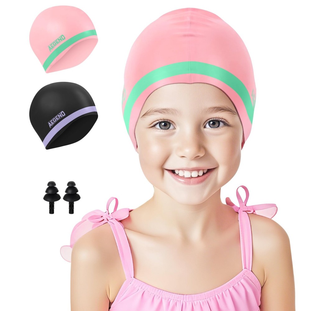 Aegend 2 Pack Kids Swim Cap for Girls Boys Age 3-8, Waterproof Swim Cap Durable Silicone Kids Swimming Cap for Long Hair, Black Purple & Pink Green