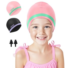 Aegend 2 Pack Kids Swim Cap for Girls Boys Age 3-8, Waterproof Swim Cap Durable Silicone Kids Swimming Cap for Long Hair, Black Purple & Pink Green