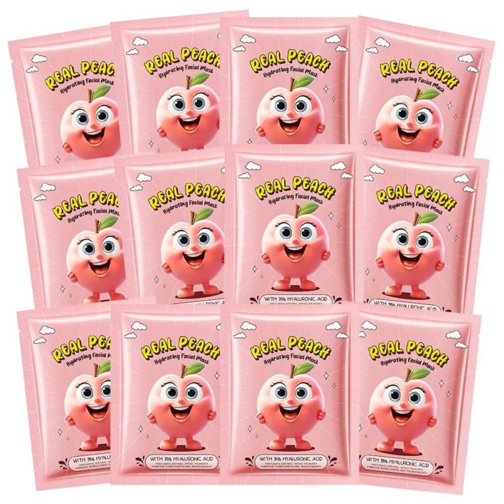Kaely 12 Pack Peach Face Masks for Kids, Kids Face Mask Spa Day Kit Supplies, Spa Party Favors for Teens Girls Women, Sheet Facial Mask Skincare Gifts Set, Moisturize Soothe for All Skin Types, 08