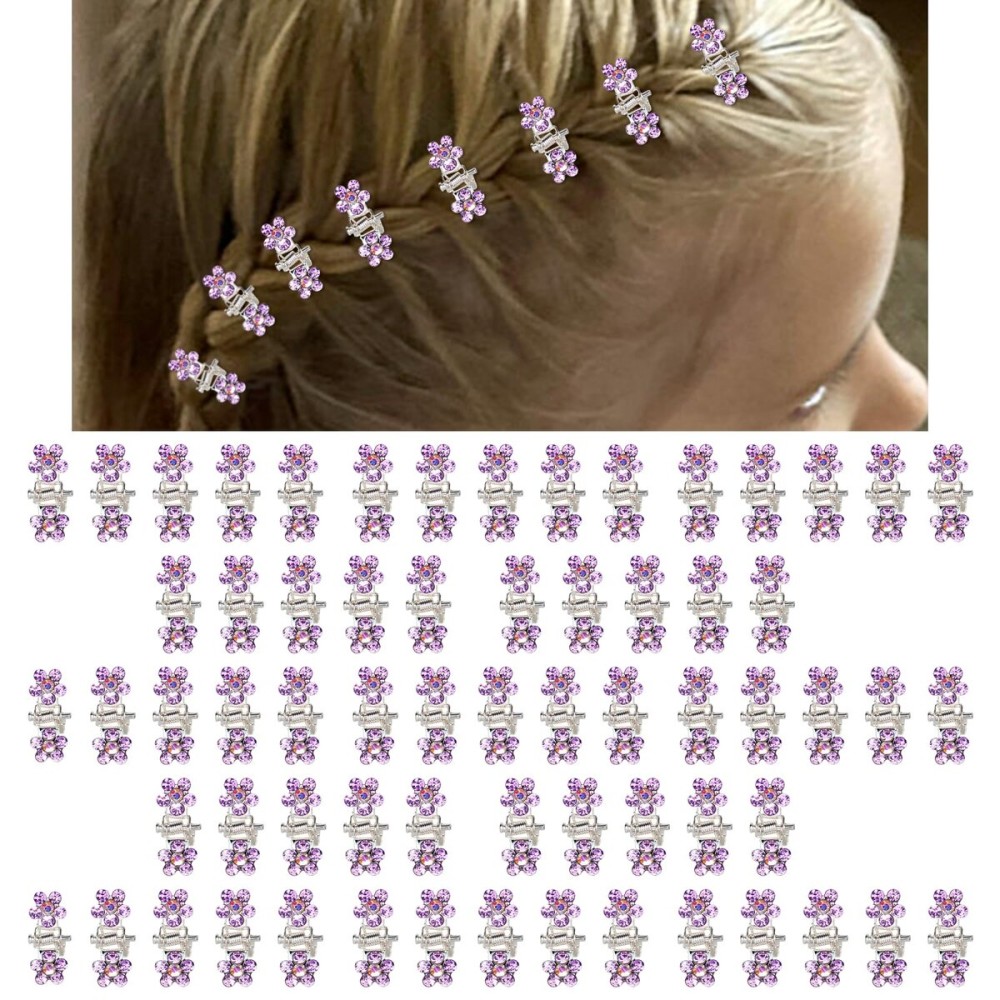 ANBALA 65PCS Mini Purple Flower Hair Clips with Rhinestone Mini Glitter Teeth Rhinestone Flower Hair Accessories No-Slip Grip Metal Jaw Clamps for Girls Women (Silver-Purple Crystal)