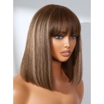 LUVME HAIR 12Inch Ash Blonde Highlights Yaki Blunt Cut Bob Wig with Bangs Glueless Minimalist Lace Short Wig Breathable Cap