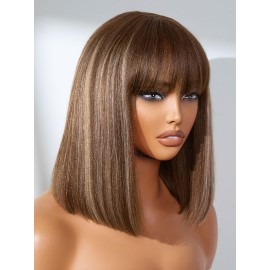 LUVME HAIR 12Inch Ash Blonde Highlights Yaki Blunt Cut Bob Wig with Bangs Glueless Minimalist Lace Short Wig Breathable Cap