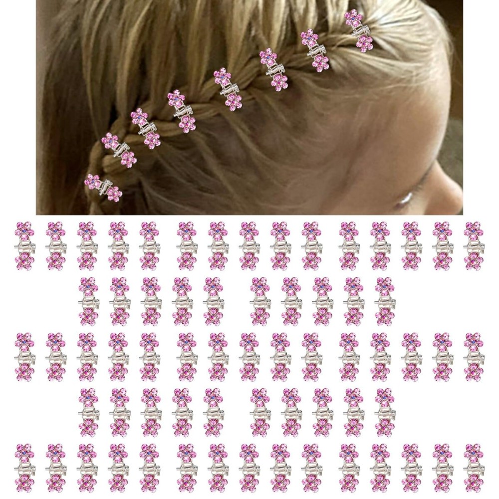 ANBALA 65PCS Mini Pink Flower Hair Clips with Rhinestone Mini Glitter Teeth Rhinestone Flower Hair Accessories - No-Slip Grip Metal Jaw Clamps for Girls Women (Silver-Pink Crystal)