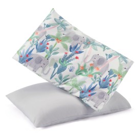 TILLYOU Toddler Pillowcases 13 x 18 Travel Pillow Case 2 Pack, Kids Pillowcases Machine Washable with Envelope Closure, Rainforest Elephant & Grey