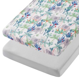 TILLYOU Mini Crib Sheets Fitted 2 Pack, Pack and Play Sheets for Toddler Mattress, Soft and Breathable 38x 24 Pack n Play Mattresses Cover, Rainforest Elephant & Grey