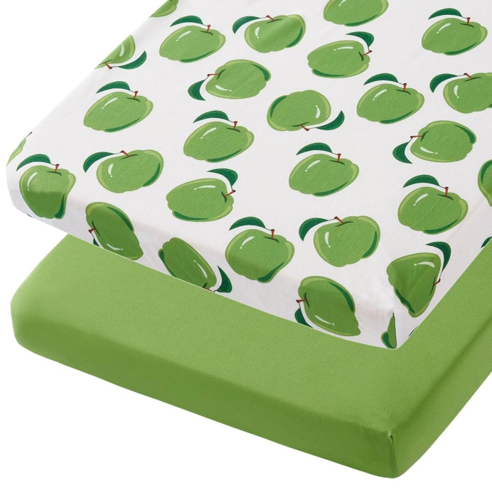 TILLYOU Mini Crib Sheets Fitted 2 Pack, Pack and Play Sheets for Toddler Mattress, Soft and Breathable 38x 24 Pack n Play Mattresses Cover, Green Apple & Fruit Green