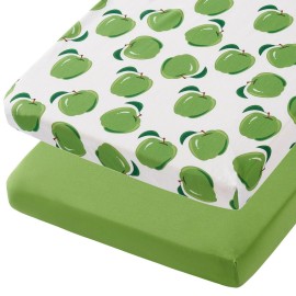 TILLYOU Mini Crib Sheets Fitted 2 Pack, Pack and Play Sheets for Toddler Mattress, Soft and Breathable 38x 24 Pack n Play Mattresses Cover, Green Apple & Fruit Green