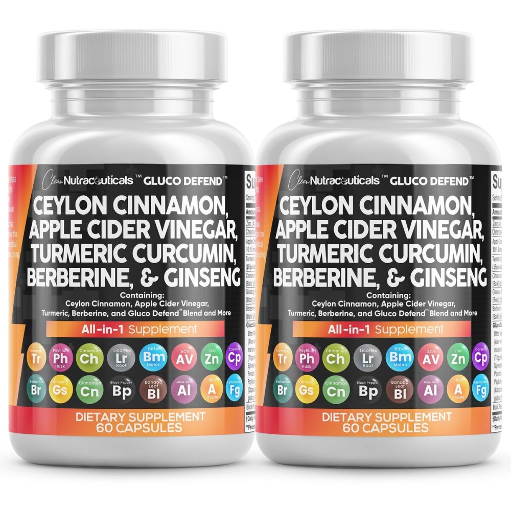Clean Nutraceuticals Ceylon Cinnamon Capsules + Berberine Turmeric Apple Cider Vinegar Ginseng Bitter Melon Gymnema Milk Thistle Fenugreek Supplement (60 Count (Pack of 2))