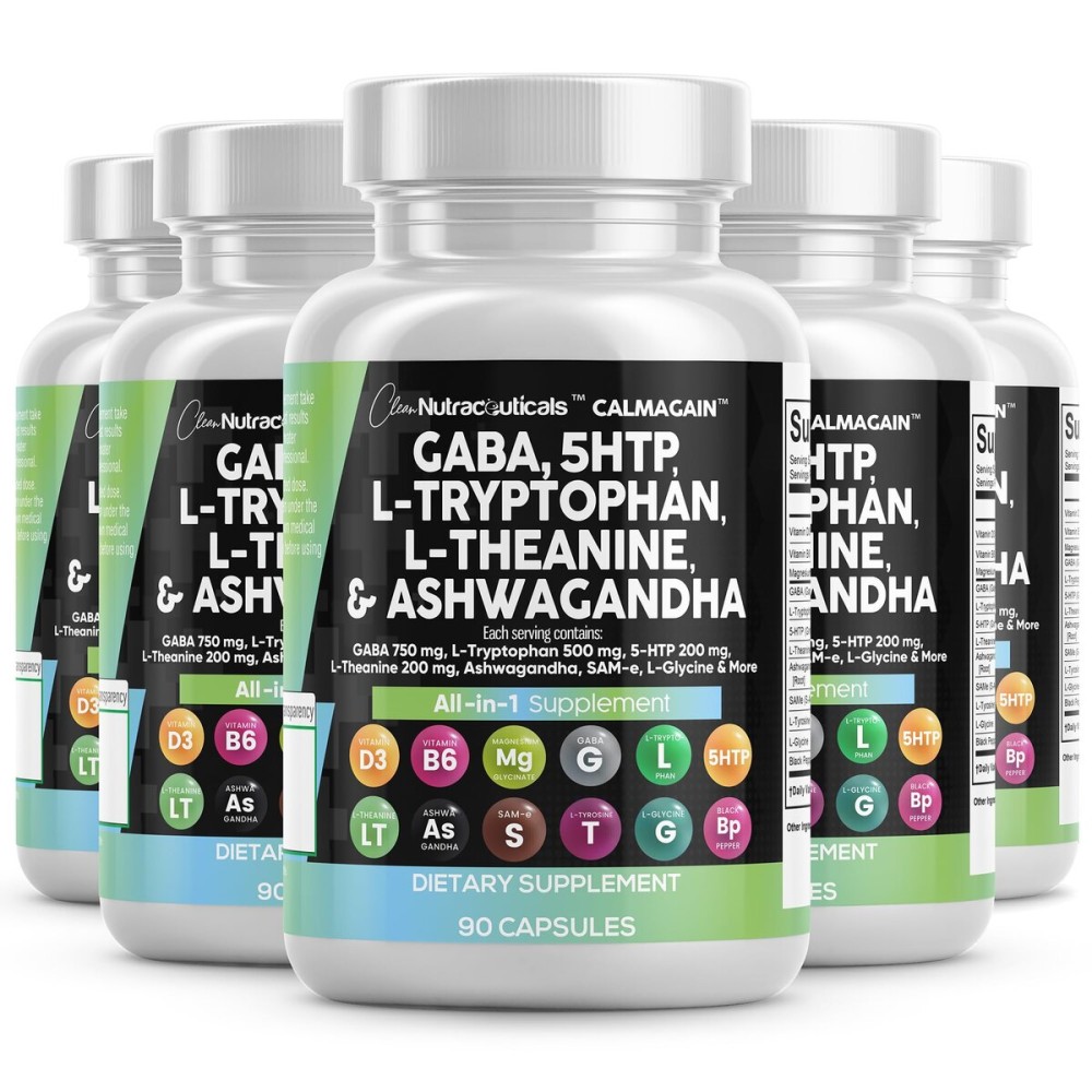 Clean Nutraceuticals GABA 750mg 5 HTP 200mg L Tryptophan 500mg L Theanine 200mg Ashwagandha SAM-e L-Glycine - Mood Support Vitamins for Women and Men with L-Tyrosine (90 Count (Pack of 5))