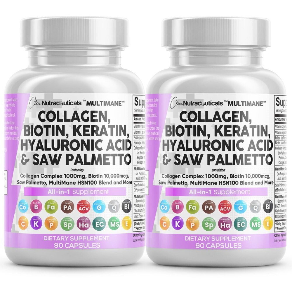 Clean Nutraceuticals Collagen Pills 1000mg Biotin 10000mcg Keratin Saw Palmetto Hyaluronic Acid - Hair Skin & Nails Vitamins & DHT Blocker (90 Count (Pack of 2))