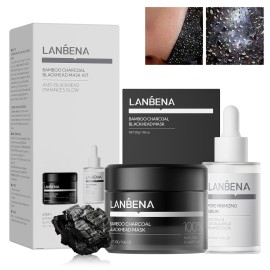 LANBENA 3-in-1 Blackhead Removal Set - Bamboo Charcoal Pore Strips (30g), Pore Minimizing Serum (30ml) & Removal Paper - Mask for Face, Minimizes Pores & Leaves Skin Fresh & Clean, Blackhead Remover