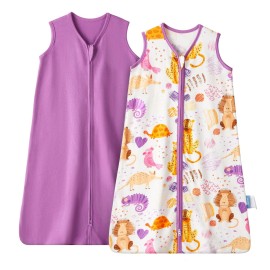 TILLYOU 2 Pack Baby Sleep Sack 12-18 Months 100% Cotton Wearable Blanket 0.5 TOG Sleeveless Summer Sleep Sacks with 2-Way Zipper, Animal Graffiti & Purple
