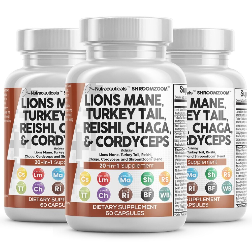 Clean Nutraceuticals Lions Mane 20in1 Mushroom Supplement with Turkey Tail Reishi Cordyceps Chaga Maitake Meshima Poria Cocos Shiitake Oyster Porcini Enoki - 3Pack