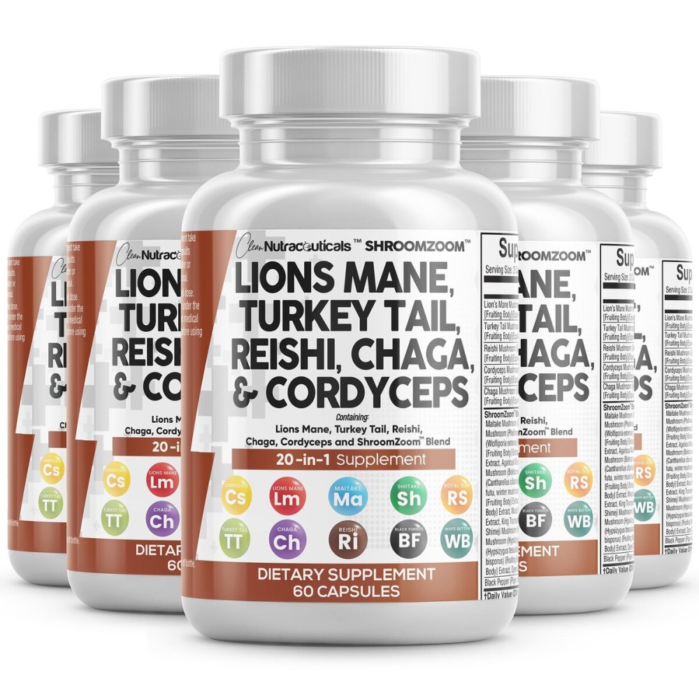 Clean Nutraceuticals Lions Mane 20in1 Mushroom Supplement with Turkey Tail Reishi Cordyceps Chaga Maitake Meshima Poria Cocos Shiitake Oyster Porcini Enoki (5)