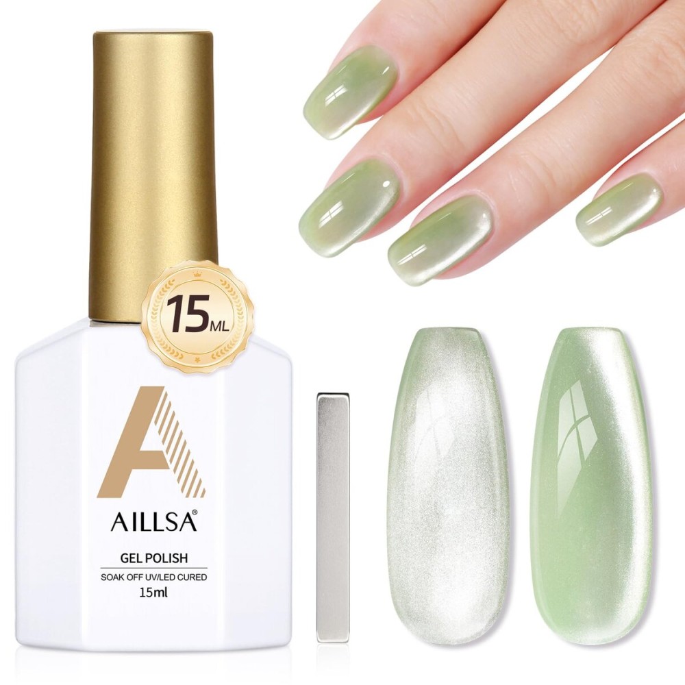 AILLSA Glass Cat Eye Gel Nail Polish, 15ml Green Glitter Jelly Sheer Polish, Translucent Magnetic Shimmer Sparkle St. Patrick\'s Day Nail Art U V Gel Salon 0.5 OZ GF41