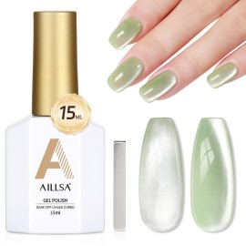 AILLSA Glass Cat Eye Gel Nail Polish, 15ml Green Glitter Jelly Sheer Polish, Translucent Magnetic Shimmer Sparkle St. Patrick\'s Day Nail Art U V Gel Salon 0.5 OZ GF41