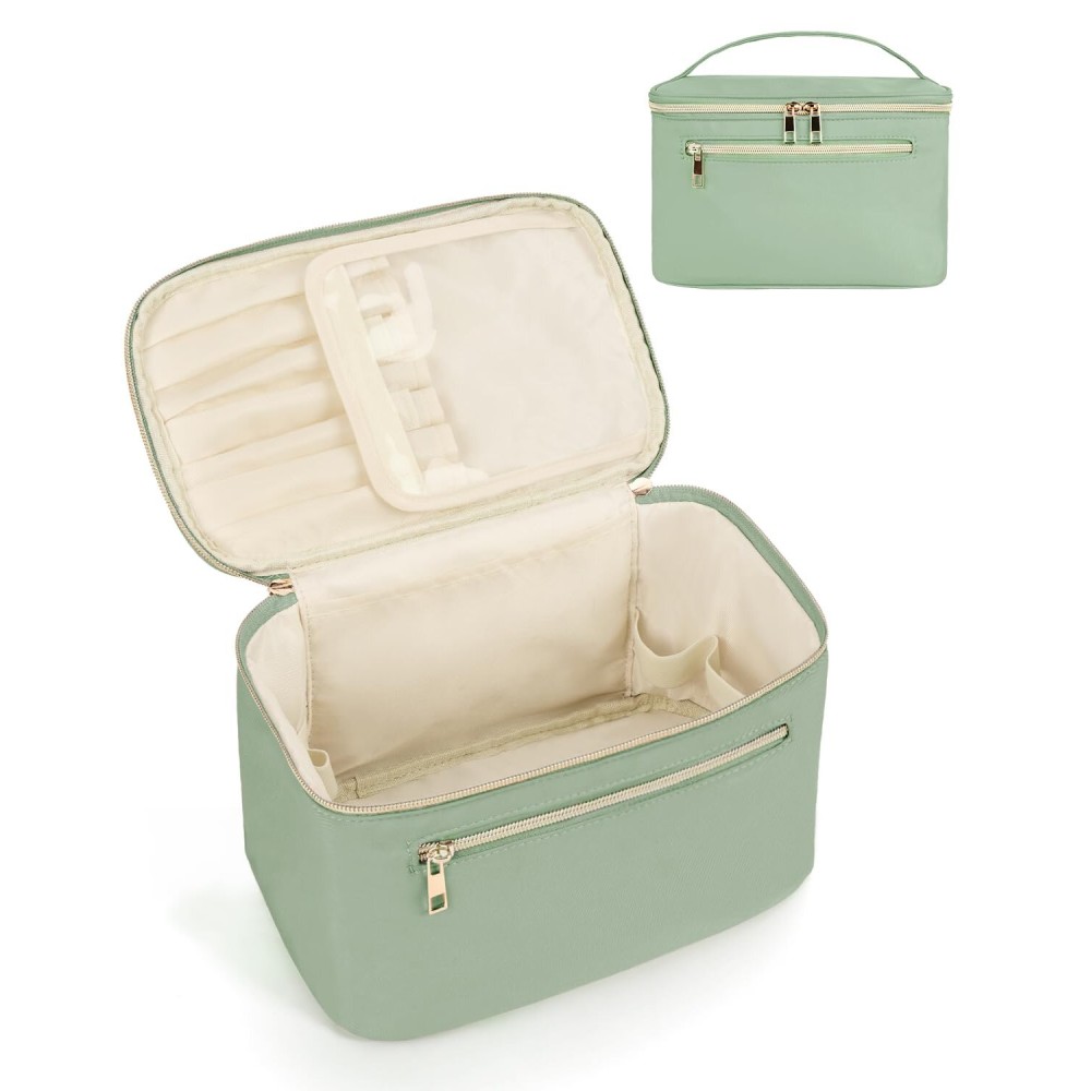 Wandering Nature Large Makeup Bag, Travel Make Up Organizer Cosmetic Brush Bags Case for Women in in Fabric,Sage Green,Patent Pending