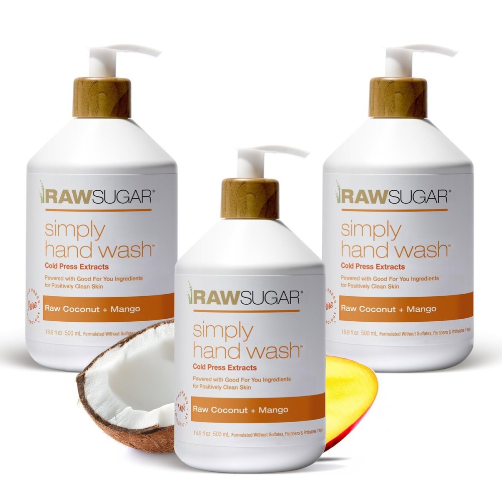 RAW SUGAR Simply Hand Wash, 16.9 Fl Oz (Pack of 3) Raw Coconut + Mango Liquid Hand Soap for Kitchen or Bathroom, Cleanses & Refreshes Hands, Formulated without Sulfates & Parabens