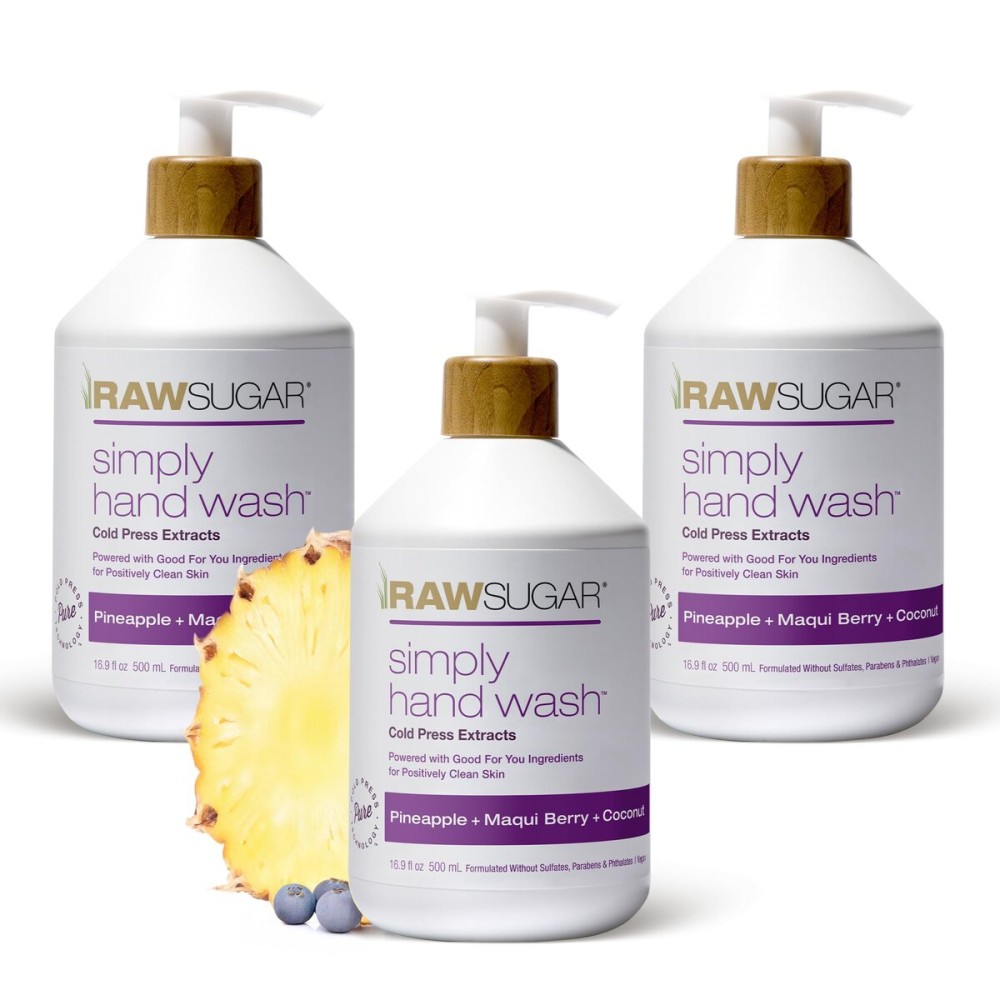 RAW SUGAR Simply Hand Wash, 16.9 Fl Oz (Pack of 3) Pineapple + Maqui Berry + Coconut Liquid Hand Soap for Kitchen or Bathroom, Cleanses & Refreshes Hands, Formulated without Sulfates & Parabens