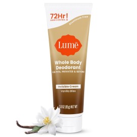 Lume Whole Body Deodorant - Invisible Cream Tube - 72 Hour Odor Control - Doctor Developed - Aluminum Free, Baking Soda Free and Skin Loving - 3.0 Ounce (Vanilla Bliss)