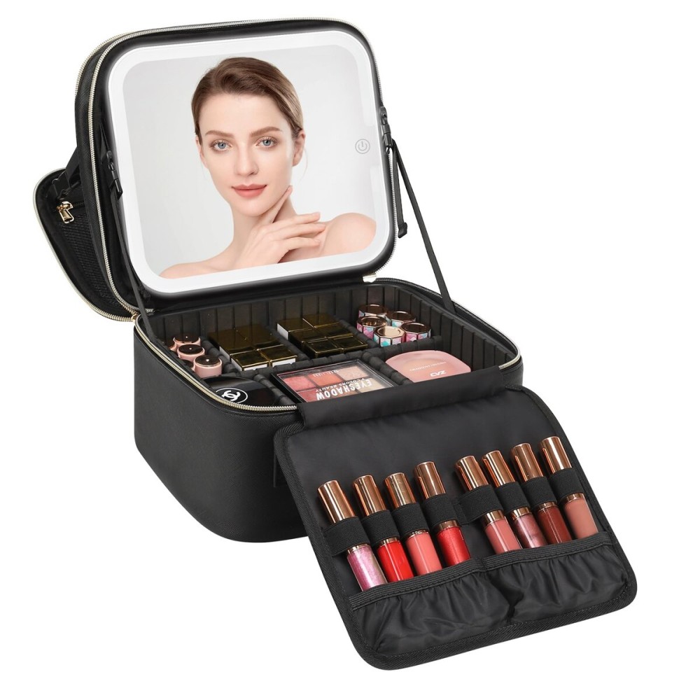 Relavel Makeup Bag with LED Mirror, Small Travel Makeup Case with Rechargeable Lighted Mirror 3 Color Lights, Double Layer Cosmetic Box Makeup Brush Lipstick Holder Organizer for Women, Black
