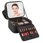 Relavel Makeup Bag with LED Mirror, Small Travel Makeup Case with Rechargeable Lighted Mirror 3 Color Lights, Double Layer Cosmetic Box Makeup Brush Lipstick Holder Organizer for Women, Black