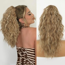ORSUNCER Ponytail Extension Claw 18 Curly Pony Tail Clip in Claw Hair Extensions Fluffy Natural Looking Synthetic Hairpiece for Women Blonde Highlight