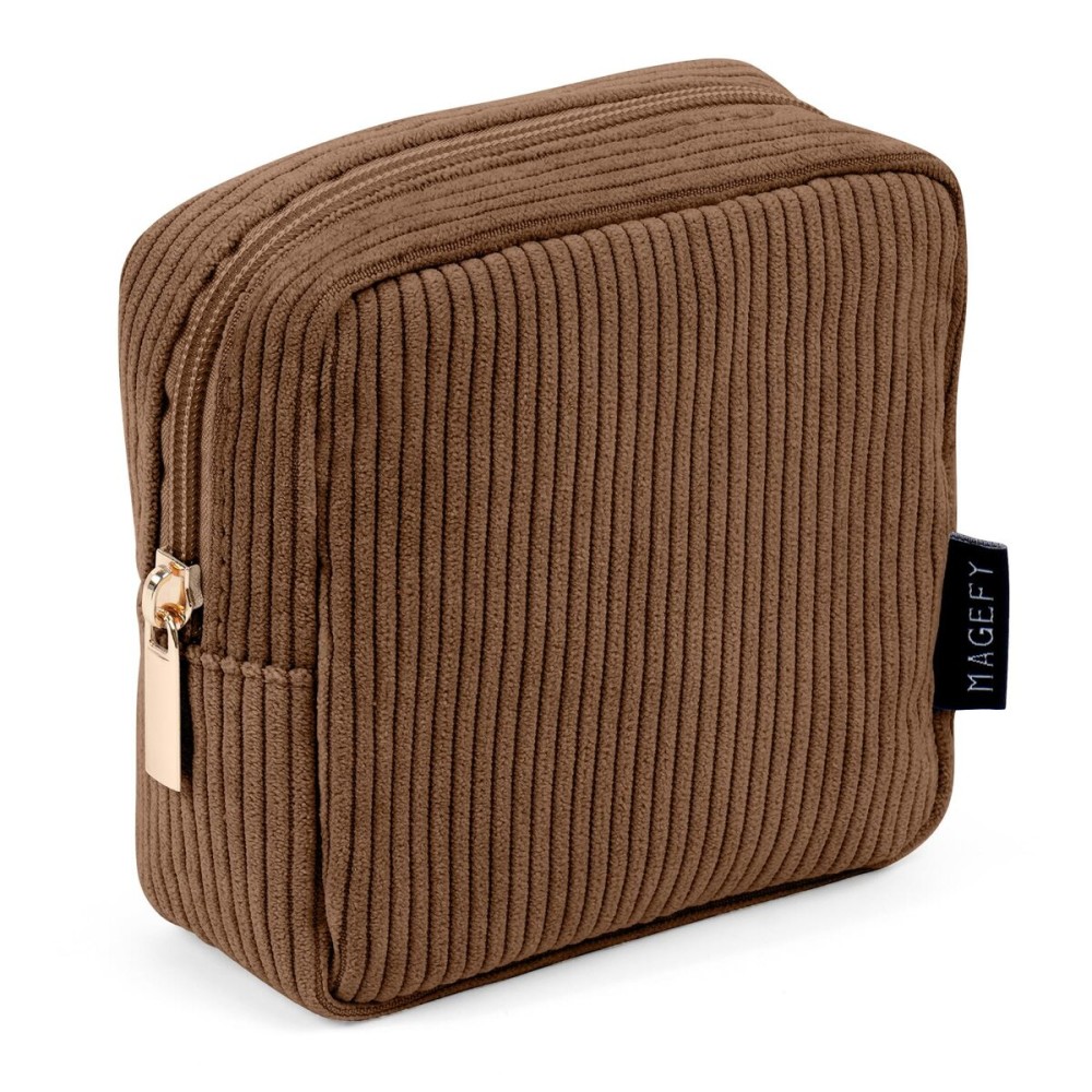 MAGEFY Small Makeup Bag for Purse Mini Cosmetics Bag Corduroy Cute Cosmetic Pouch for Women with Slip-in Pockets (Brown)