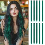 FESHFEN Colored Clip in Hair Extensions - 10 PCS Polaris Dark Green Highlighted Hair Piece Straight Synthetic Clip in Hairpieces for Women 22 inch