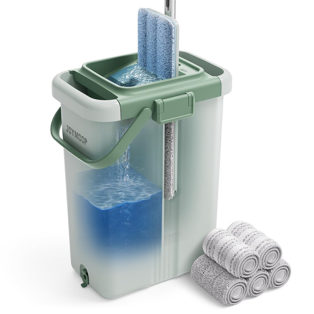 JOYMOOP Mop and Bucket Set - Mops for Floor Cleaning & Wall Cleaner with Long Handle, Include 5 Microfiber Mop Pads - Green Bucket (X-Large)