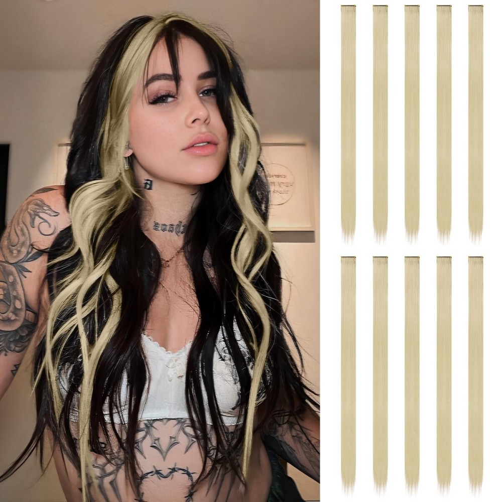 FESHFEN Colored Clip in Hair Extensions - 10 PCS Ash Blonde Highlighted Hair Piece Straight Synthetic Clip in Hairpieces for Women 22 inch