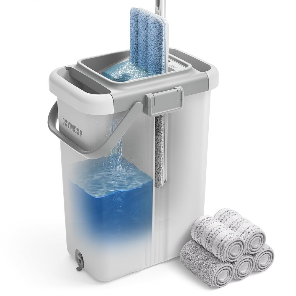 JOYMOOP Mop and Bucket with Wringer Set, Flat Squeeze Mop with Bucket (X-Large), Dust Mop for Wall Cleaner with Long Handle, Microfiber Mop - White Bucket with 5 Reusable 15 Pads