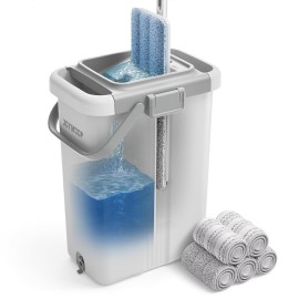 JOYMOOP Mop and Bucket with Wringer Set, Flat Squeeze Mop with Bucket (X-Large), Dust Mop for Wall Cleaner with Long Handle, Microfiber Mop - White Bucket with 5 Reusable 15 Pads