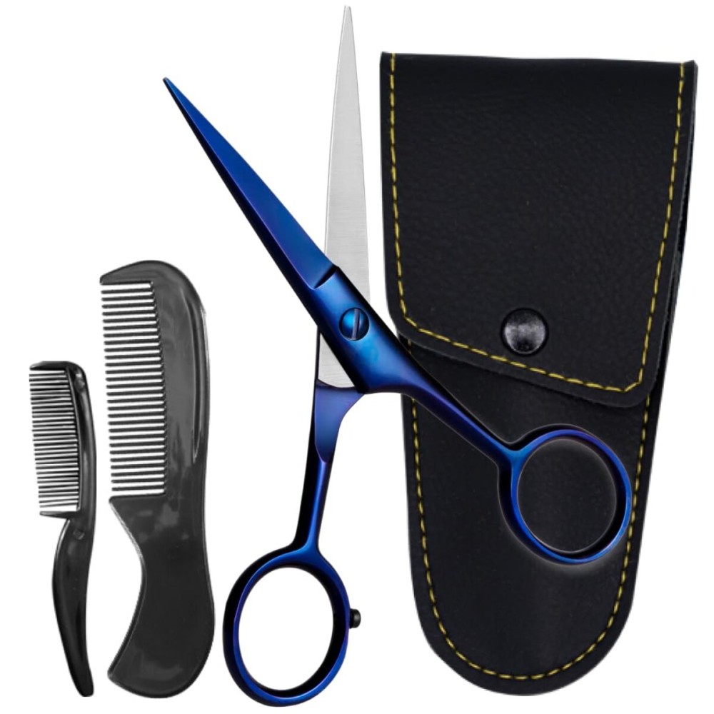 Ontaki Facial Hair Scissors - 5 Inch, Midnight Blue - High-Carbon German Steel Grooming Scissors for Beard & Mustache with Mustache Comb, Beard Comb & Leather Pouch