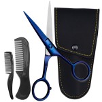 Ontaki Facial Hair Scissors - 5 Inch, Midnight Blue - High-Carbon German Steel Grooming Scissors for Beard & Mustache with Mustache Comb, Beard Comb & Leather Pouch