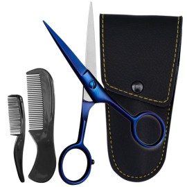 Ontaki Facial Hair Scissors - 5 Inch, Midnight Blue - High-Carbon German Steel Grooming Scissors for Beard & Mustache with Mustache Comb, Beard Comb & Leather Pouch