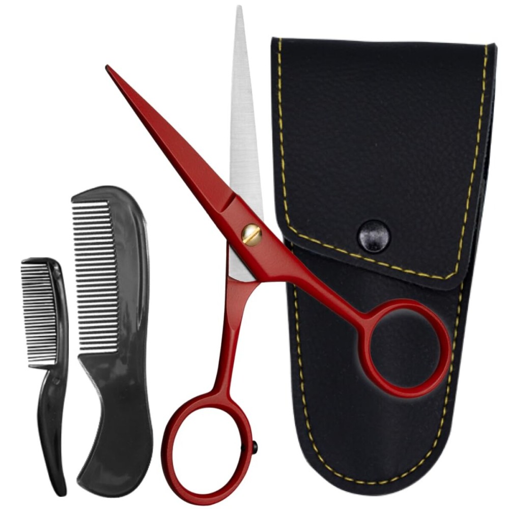 Ontaki Beard Scissors & Mustache Scissors - 5-Inch, True Red - German High-Carbon Steel Bevel Edge - Grooming Kit with Beard Comb & Mustache Comb & PU Leather Pouch - Facial Hair Grooming for Men
