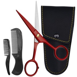 Ontaki Beard Scissors & Mustache Scissors - 5-Inch, True Red - German High-Carbon Steel Bevel Edge - Grooming Kit with Beard Comb & Mustache Comb & PU Leather Pouch - Facial Hair Grooming for Men