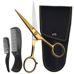 Ontaki Brass Grooming Kit - 5 in, Golden Brass - Beard Trimming Scissors, Mustache Comb & Beard Comb, Carrying Pouch