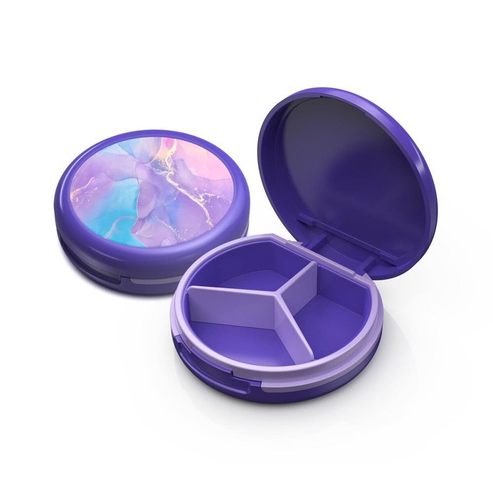 Serfeymi Small Pill Box - 3 Compartments Portable Pill Box for Purse Pocket, Compact Mini Travel Pill Case - Suitable for Medicine, Vitamin, Fish Oil, Supplements - Purple(Marble)